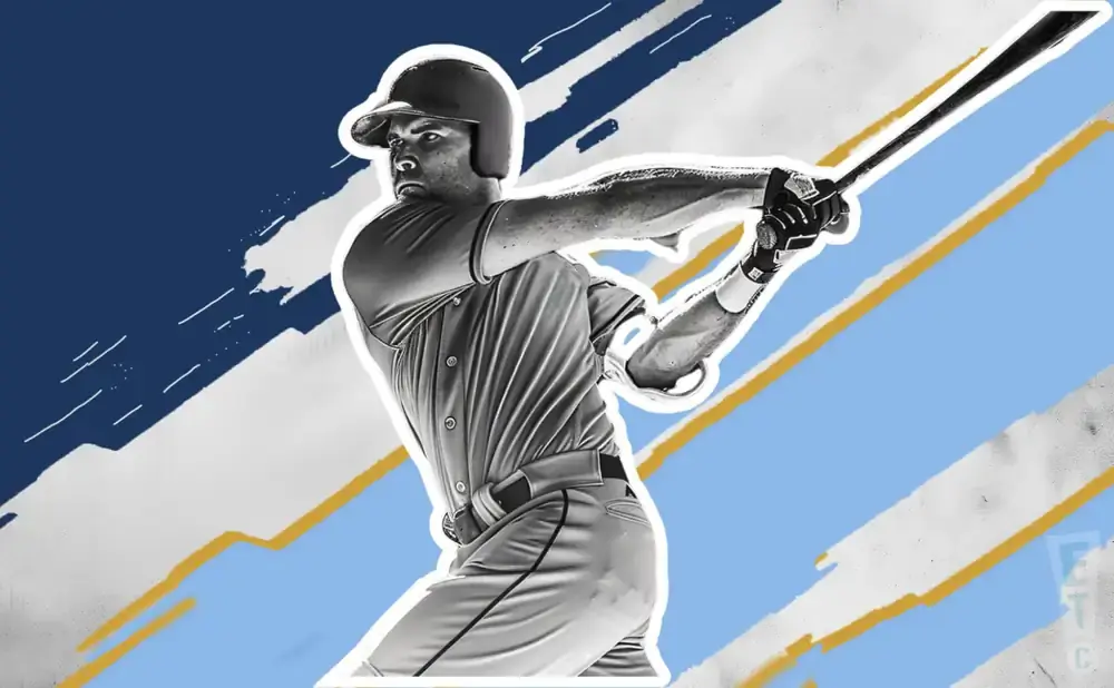 A baseball player in mid-swing against a blue, white, and gold abstract background.