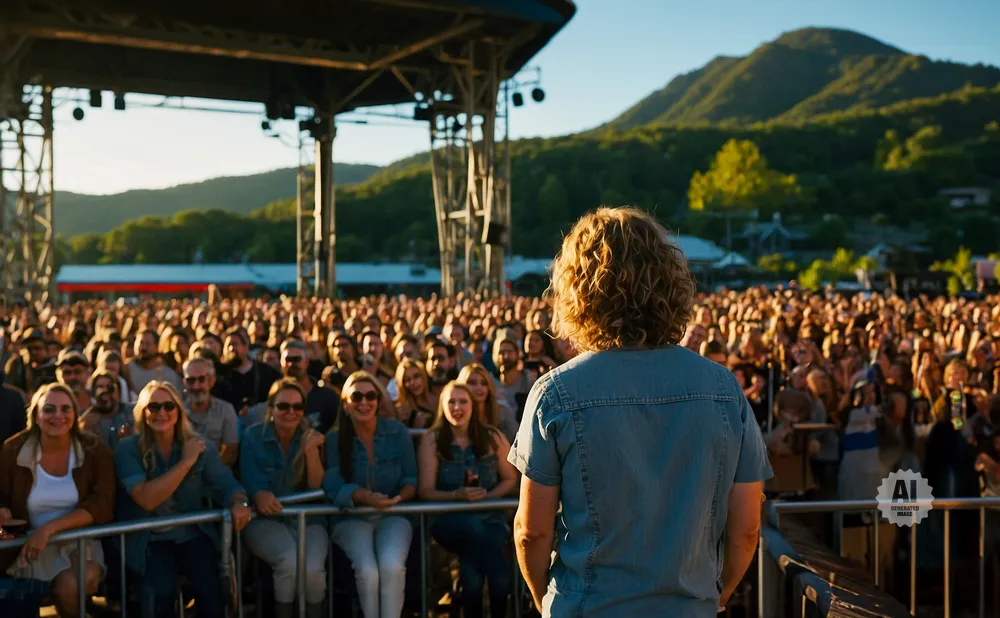 A performer with curly blonde hair faces a large, outdoor concert crowd with mountains in the background.