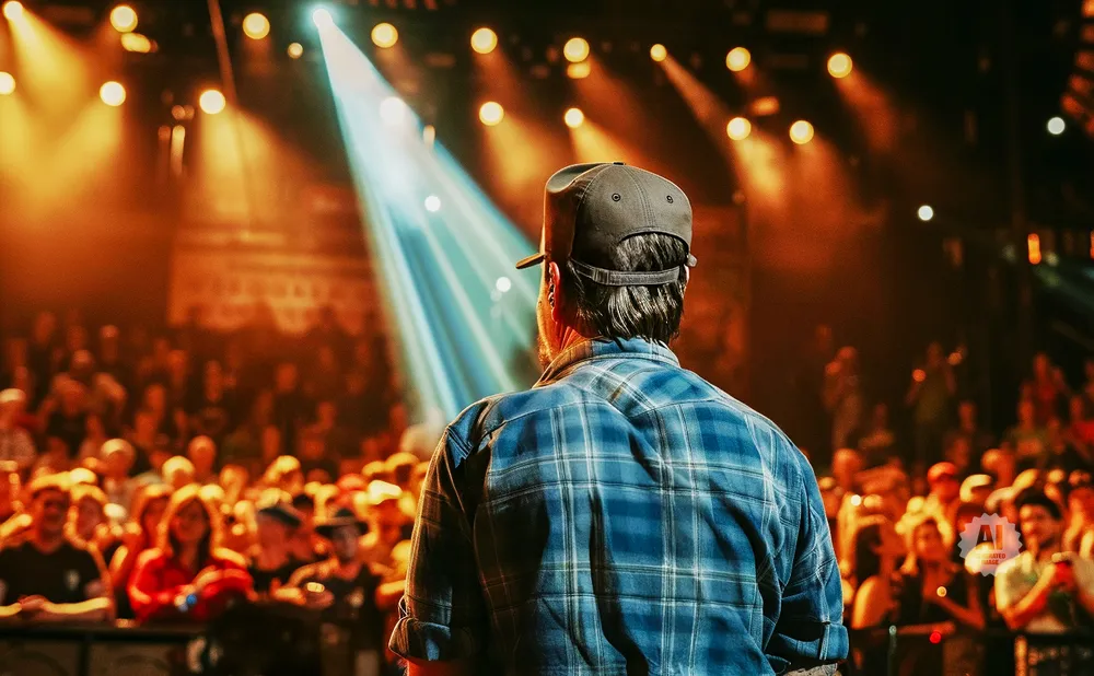 Man in plaid shirt and baseball cap faces away from the camera, looking at a brightly lit concert stage and cheering crowd.