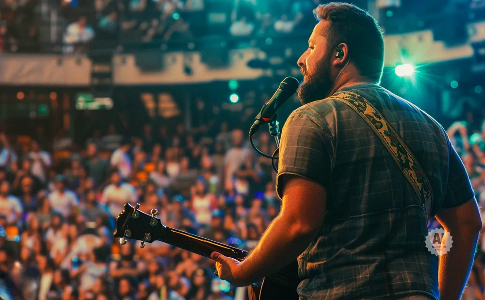 A male musician with a beard sings into a microphone while playing a guitar on stage with a blurred audience in the background.