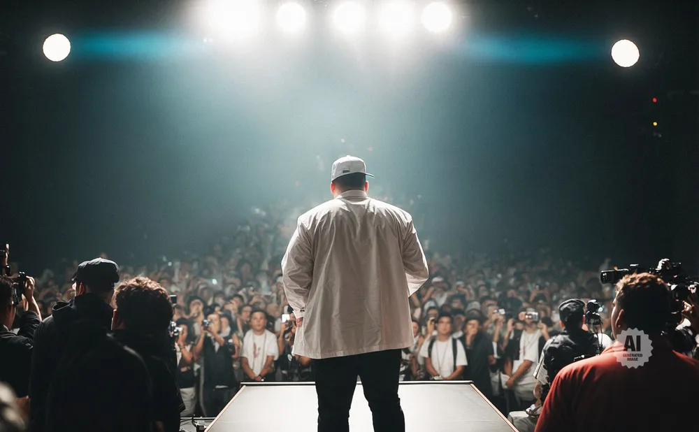 A performer in a white jacket stands on a stage facing a large, cheering crowd under bright lights.