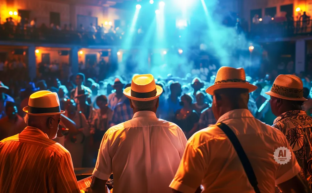 Band plays to a crowd at a concert, with bright blue lights and smoke.