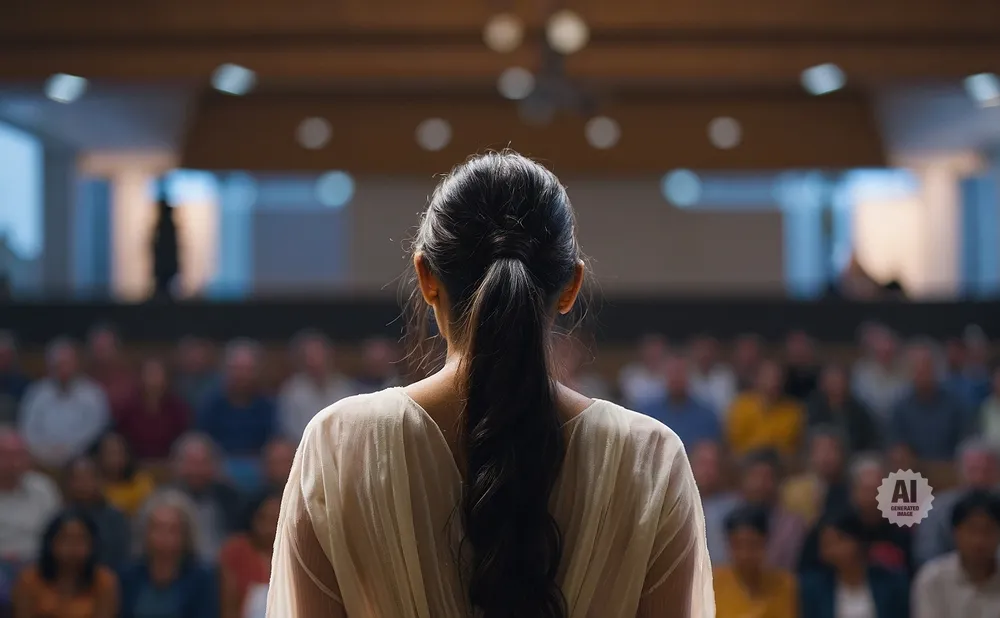 A woman with dark hair in a ponytail stands with her back to the camera, facing an audience in a lecture hall.