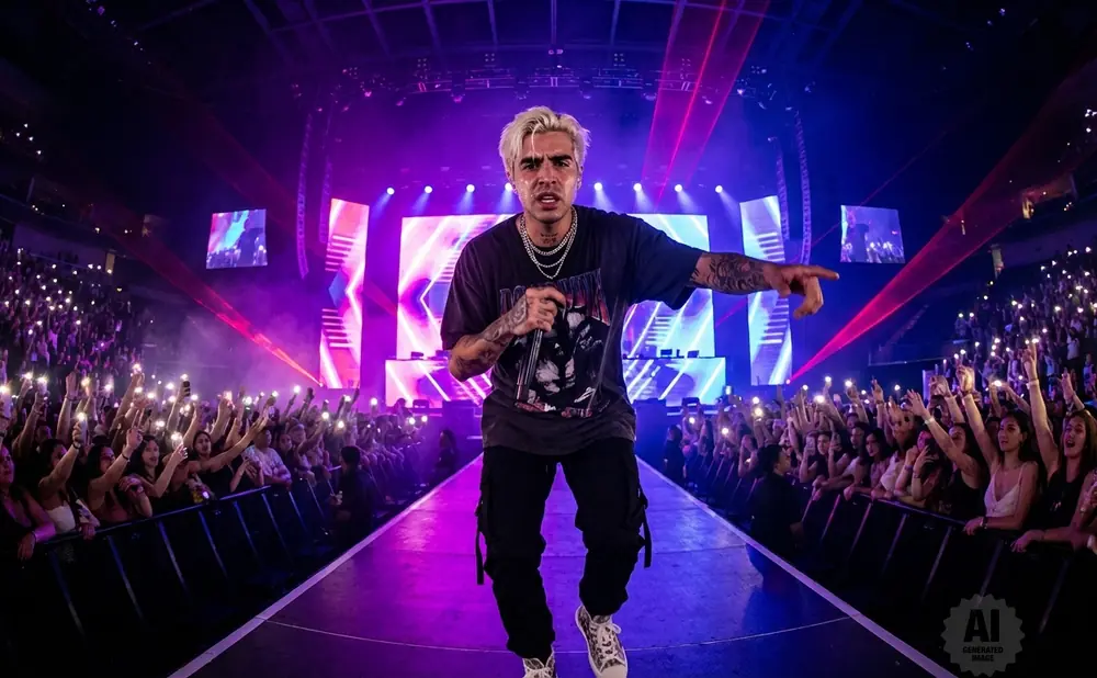 Rapper on stage with fans holding up phone lights in a concert hall.