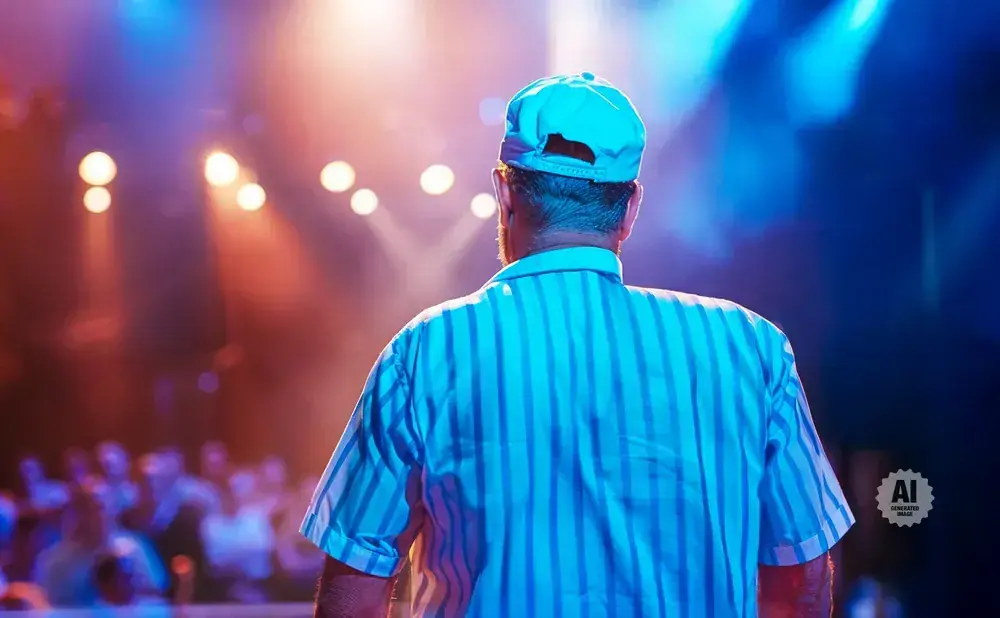 Man in a blue striped shirt and baseball cap on a brightly lit stage.