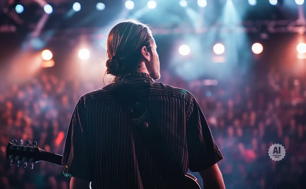 Guitarist with long hair tied back, facing away from camera on stage with crowd and stage lights.