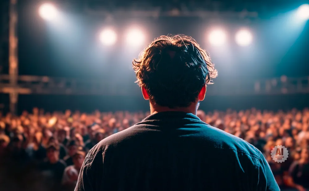 Back of a performer on a stage with a crowd in front.