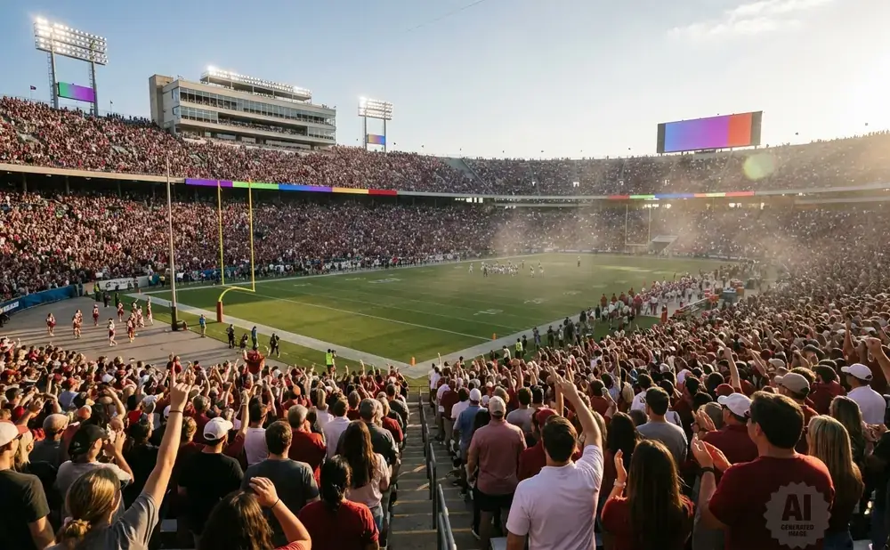 A crowded football stadium at sunset with fans in red cheering.