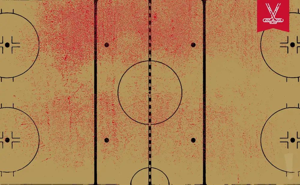 A stylized hockey rink with red splatters and a red banner with crossed hockey sticks.