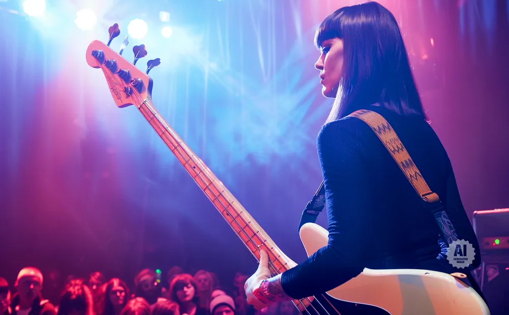 A female bassist plays on a stage with purple and blue lighting.