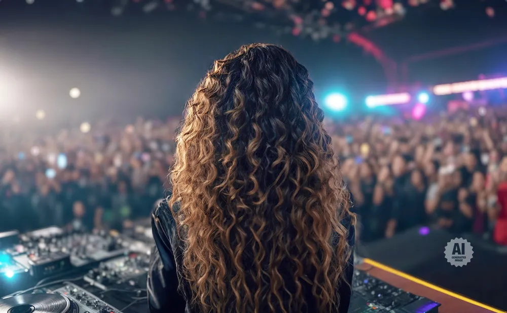DJ with long curly hair facing a blurred crowd at a concert, with DJ equipment in the foreground.