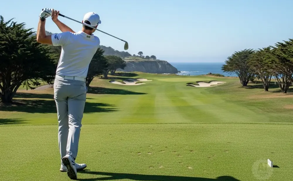 Golfer swings club on a scenic golf course with ocean views.