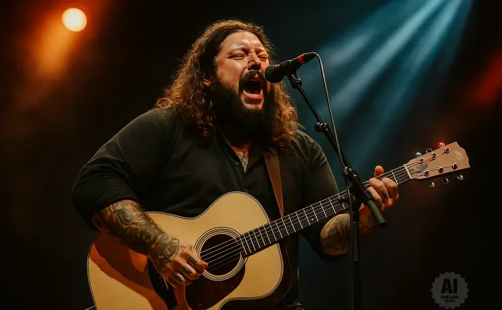 A tattooed man with long hair sings into a microphone while playing an acoustic guitar on stage.
