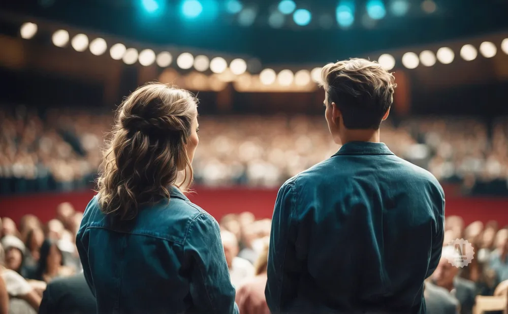Two people in denim jackets face an audience in a theater.
