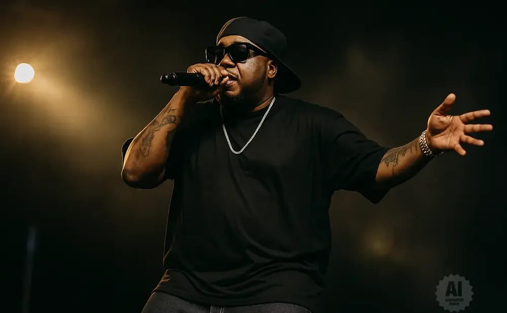 A man in a black t-shirt, cap, and sunglasses raps into a microphone on stage.
