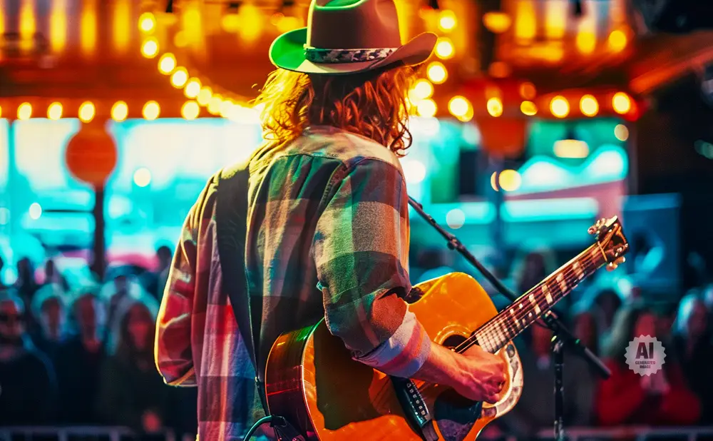 A musician in a cowboy hat plays an acoustic guitar on a stage with colorful lights.
