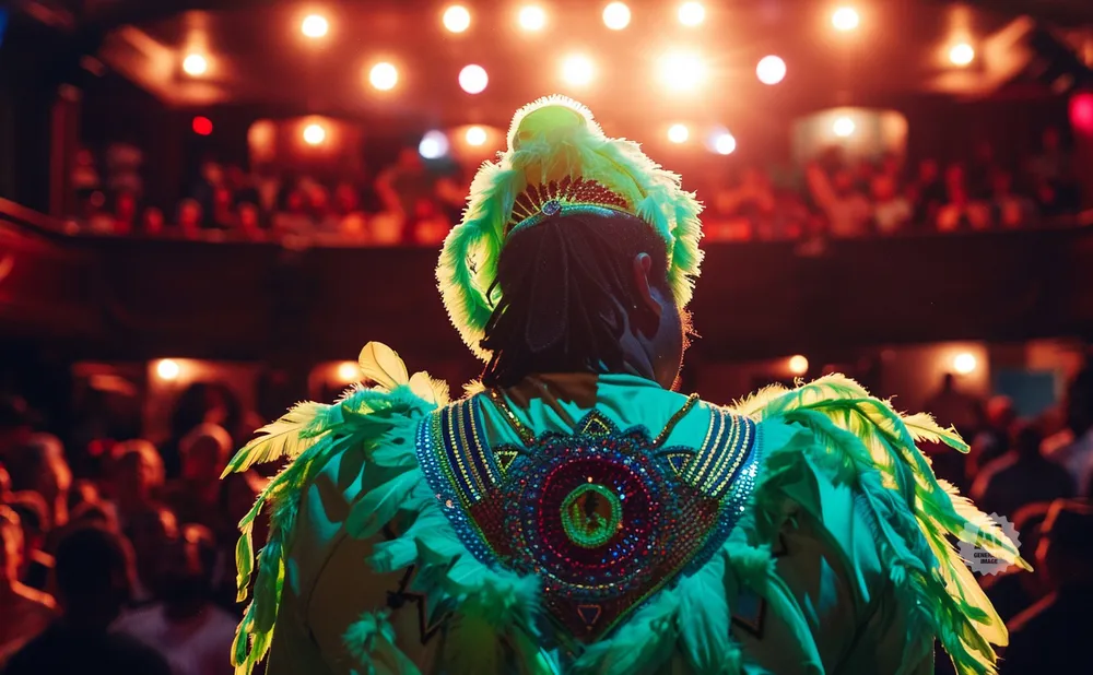 A person in a bright green feathered costume stands facing away from the camera, with a crowd and stage lights in the background.