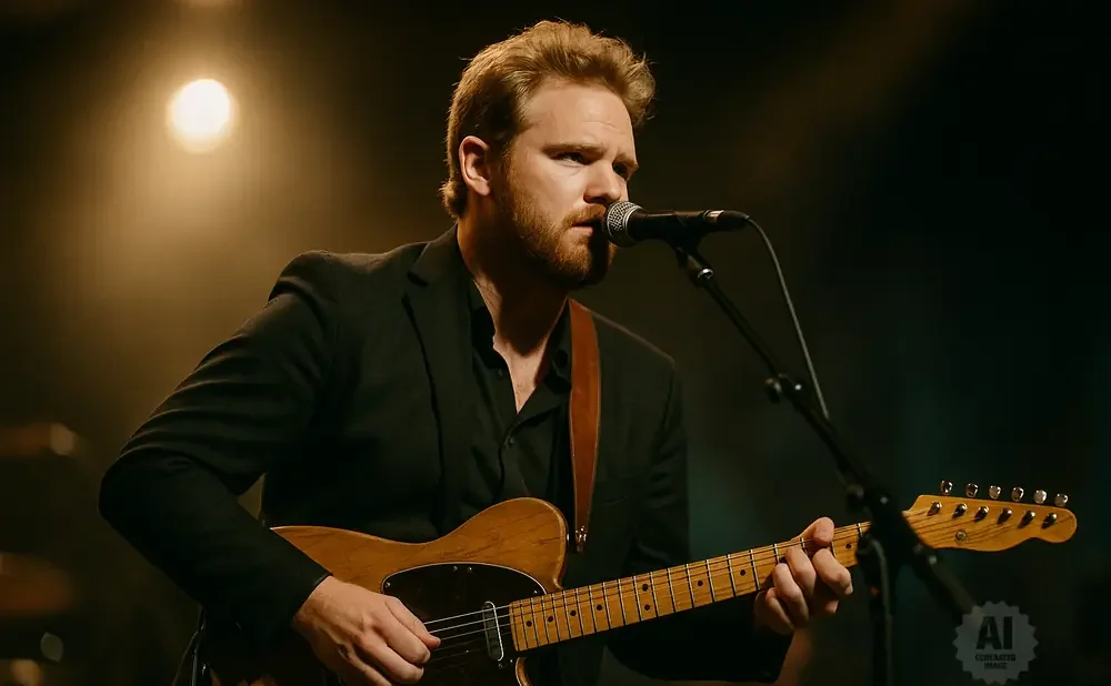 Man in a black suit playing a wooden electric guitar and singing into a microphone.