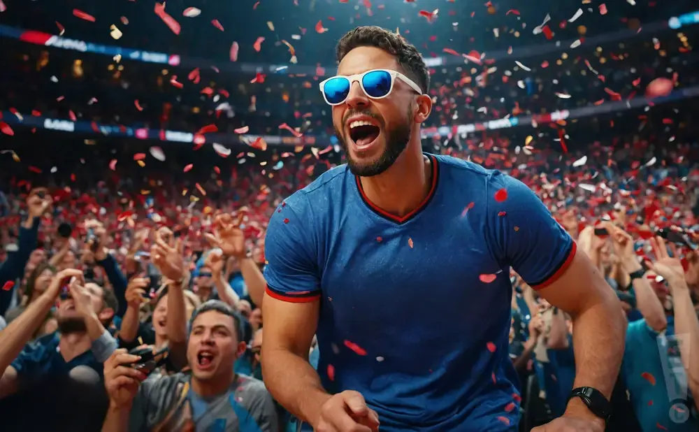 Man in sunglasses celebrates with confetti and a cheering crowd.