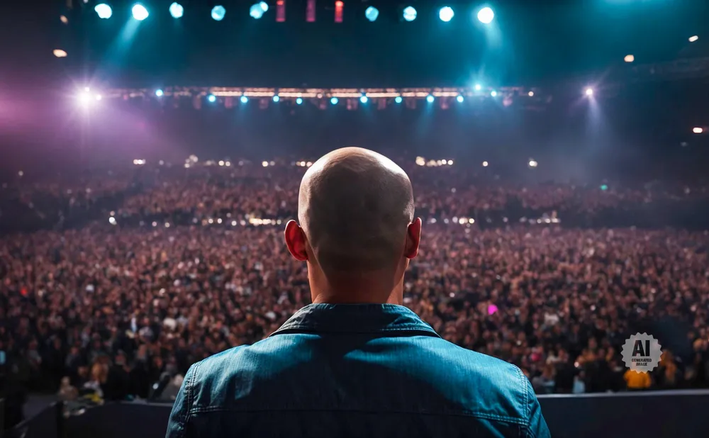 A bald man in a denim jacket faces a large, cheering crowd under a bright stage light.