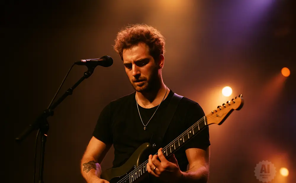 A man with curly red hair plays an electric guitar on stage, illuminated by warm stage lights.