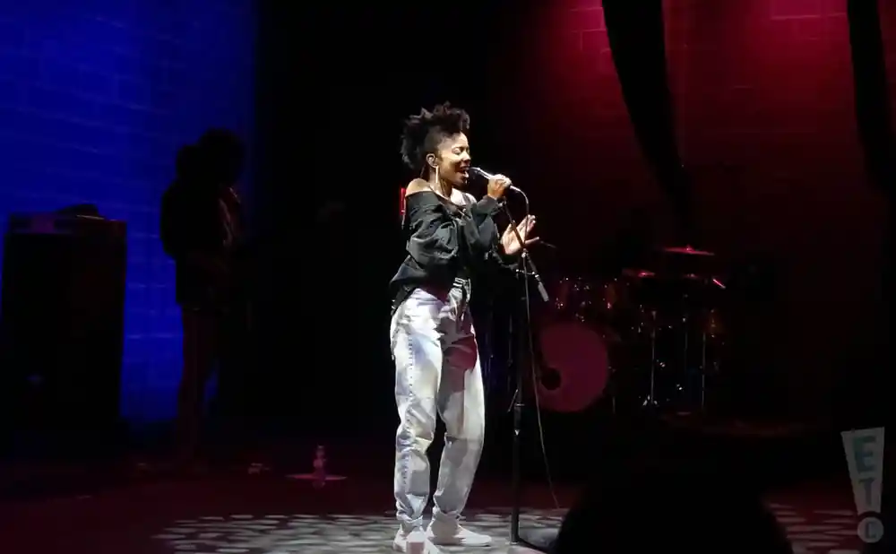 Singer performing on stage with a blue brick wall in the background and red stage lights.