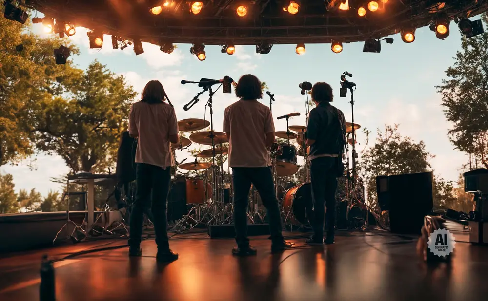 Three musicians on an outdoor stage with a drum set and bright lights above.