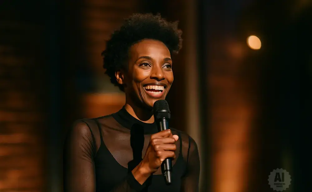 A Black woman with an afro smiles broadly while holding a microphone, wearing a sheer black top.