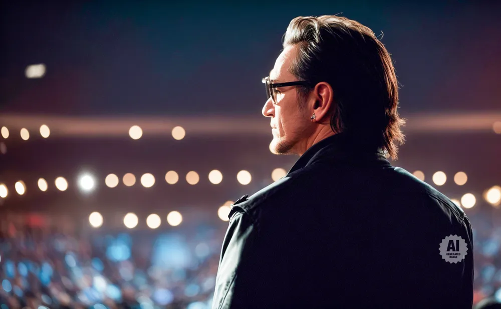 Bono from U2 on stage, facing away from the camera, looking at a blurred audience and stage lights.