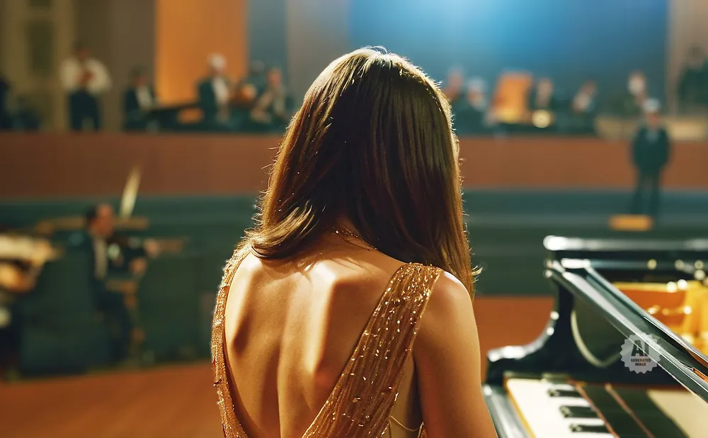 Woman in a sparkly gold dress plays a piano, with an orchestra in the background.