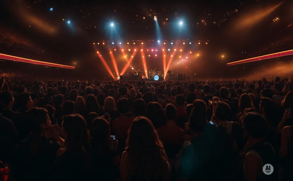A large crowd watches a band perform on a brightly lit stage at a concert.