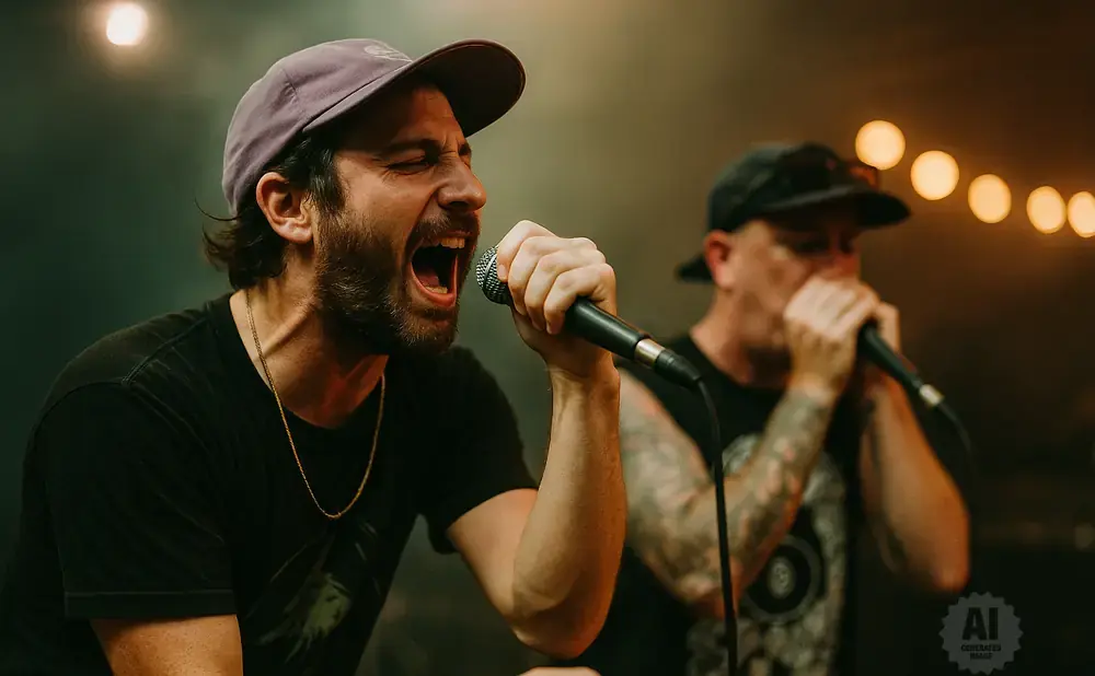 A man with a beard and purple cap sings into a microphone. Another man, blurred in the background, also holds a microphone.