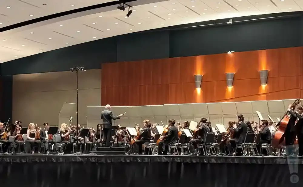 An orchestra performs on stage, with a conductor leading the musicians.