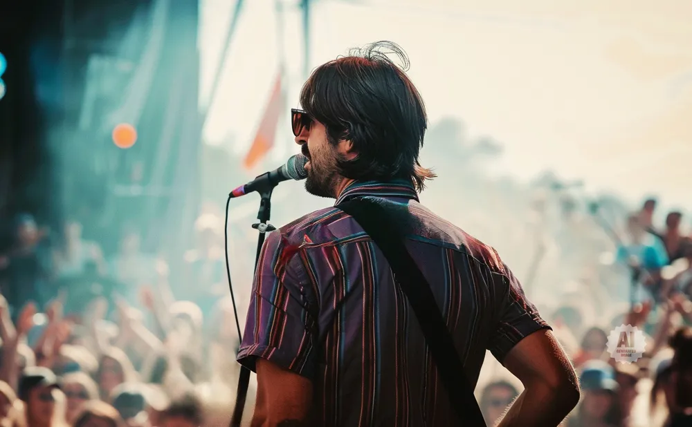 A musician with sunglasses sings into a microphone on stage, facing a crowd at an outdoor concert.