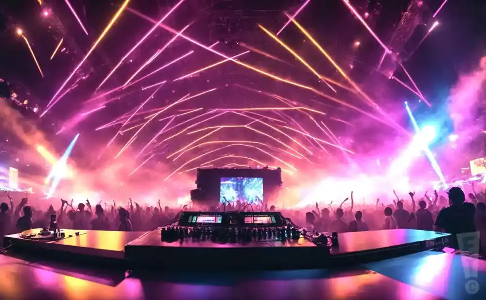 A DJ setup at a lively concert with laser lights and a cheering crowd.
