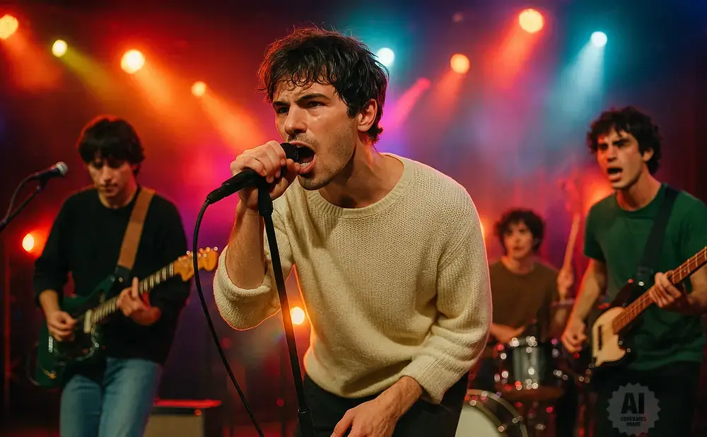 A male singer belts into a microphone on stage with a band behind him.