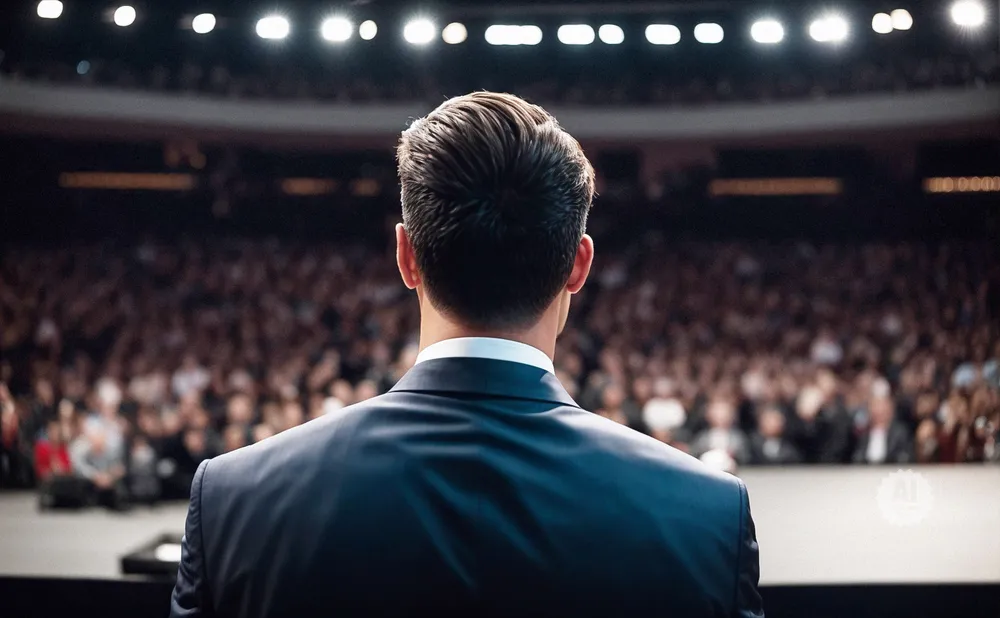 Man in suit facing a large, blurred audience in a dimly lit auditorium.