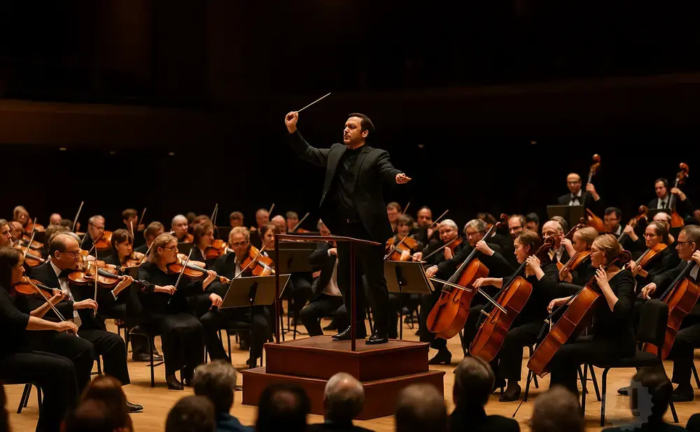 A conductor leads an orchestra during a performance.