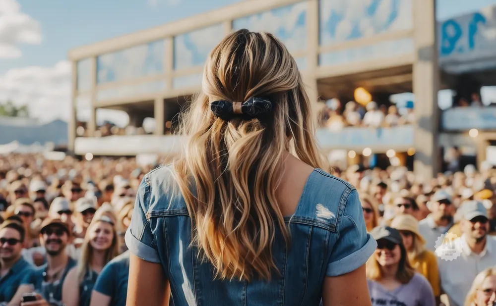 A woman with blonde hair in a denim jacket faces a crowd at an outdoor event.