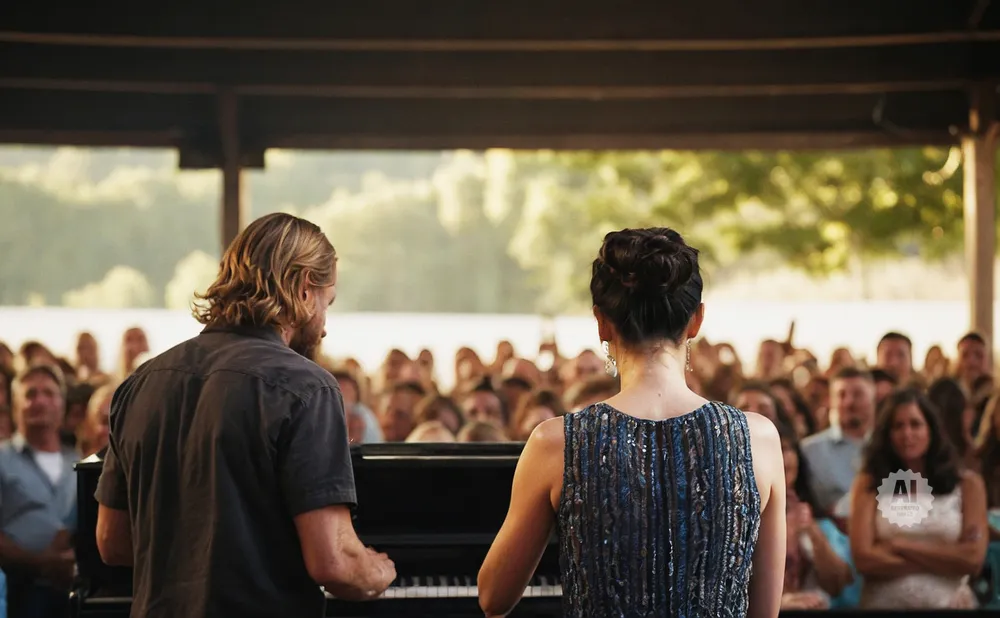 Man and woman play piano on stage before a blurred audience.