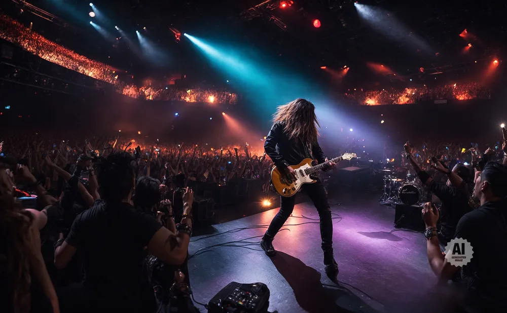 A rock guitarist performs on stage in front of a cheering crowd at a concert.