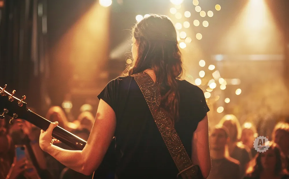 Woman playing guitar on stage, facing away from camera, with bokeh lights and audience in the background.
