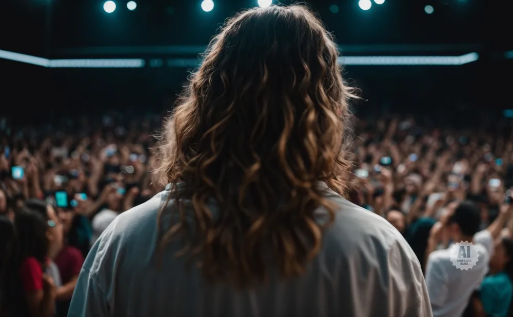 Back view of a person with long, wavy hair facing a large, cheering crowd at an event.