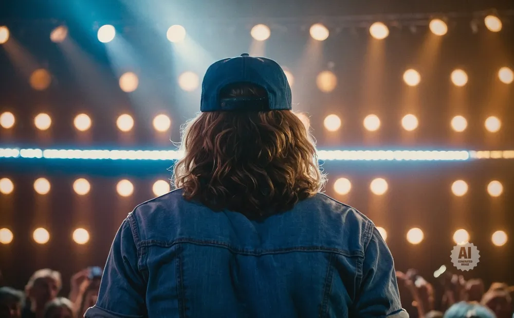 Back of a person with long, curly hair and a baseball cap on stage, facing a crowd and bright lights.