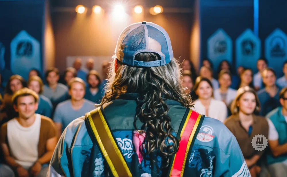 Back of person in a cap speaking to an audience.