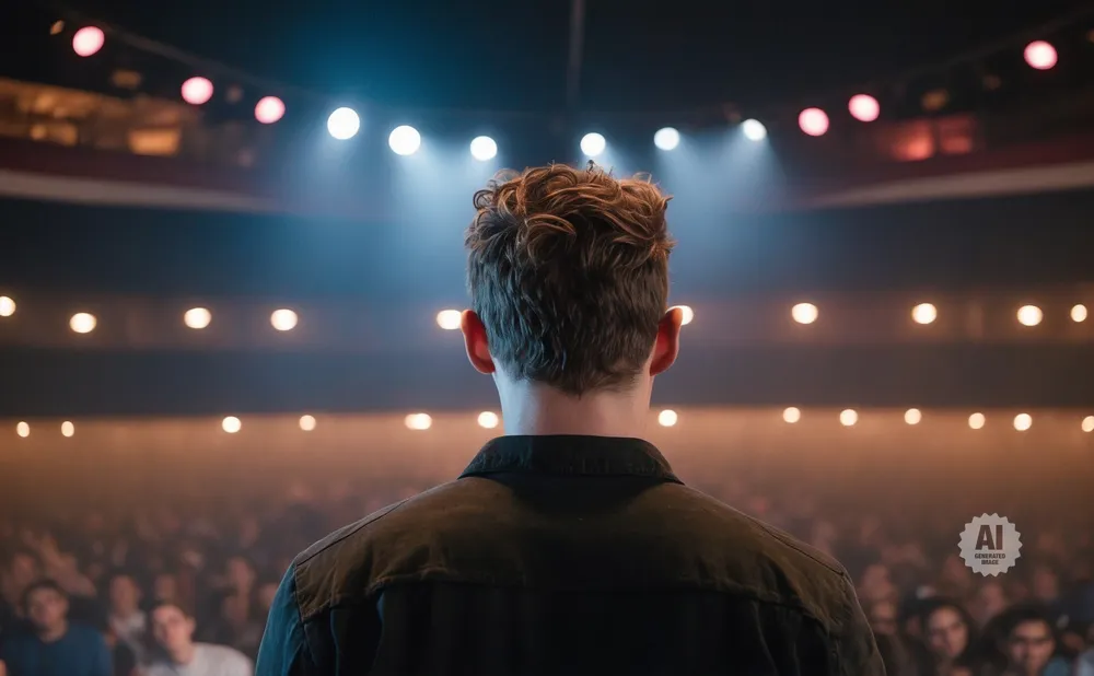 Man facing away from camera on a stage, with a blurred audience and stage lights.