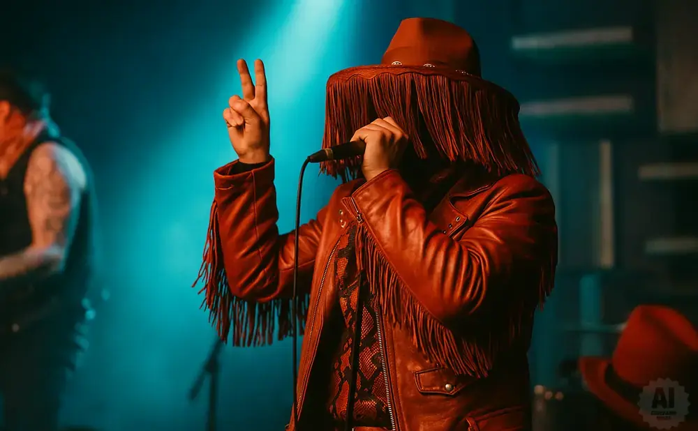 Performer in a fringed hat and jacket holds a microphone and makes a peace sign on stage.