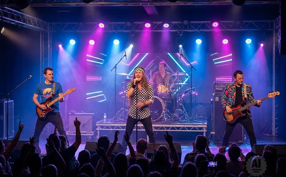 A rock band performs on a stage lit by purple and blue lights, with the singer center stage.