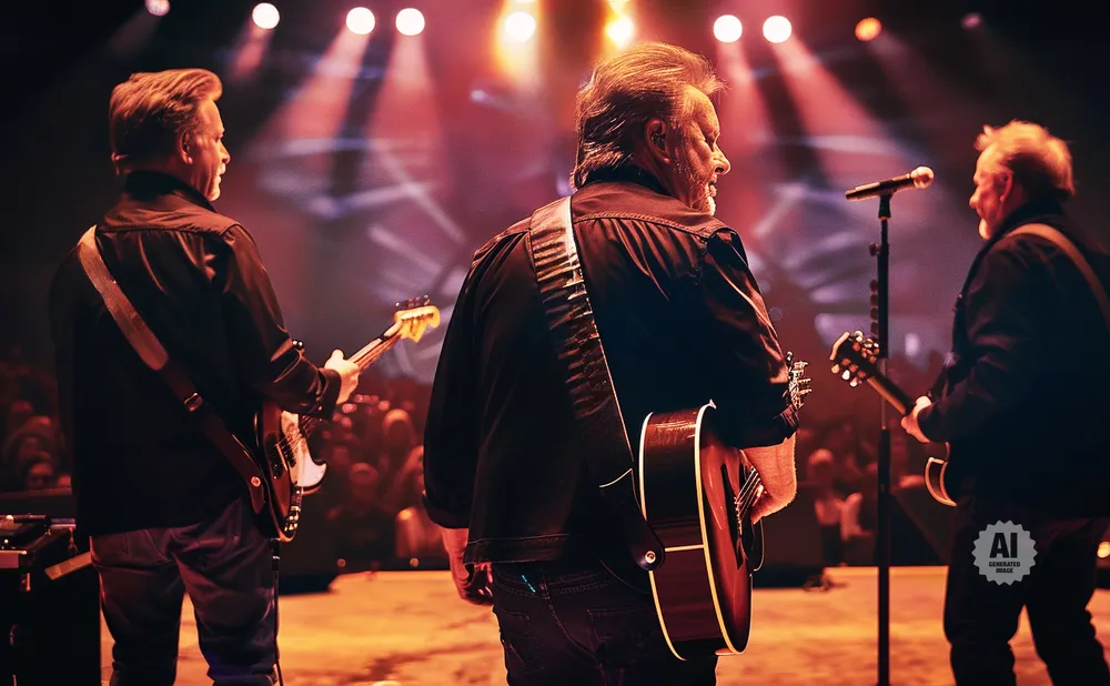 Three musicians on stage with guitars, under red stage lights.