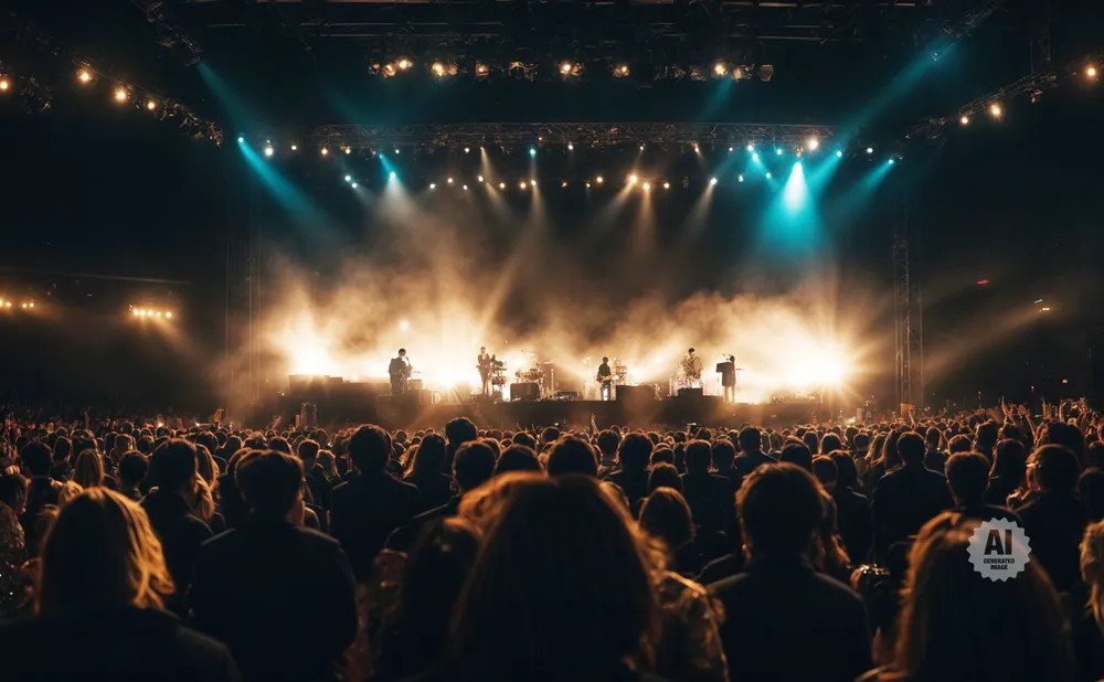 A band performs on stage at a dimly lit concert with a large crowd in the foreground.